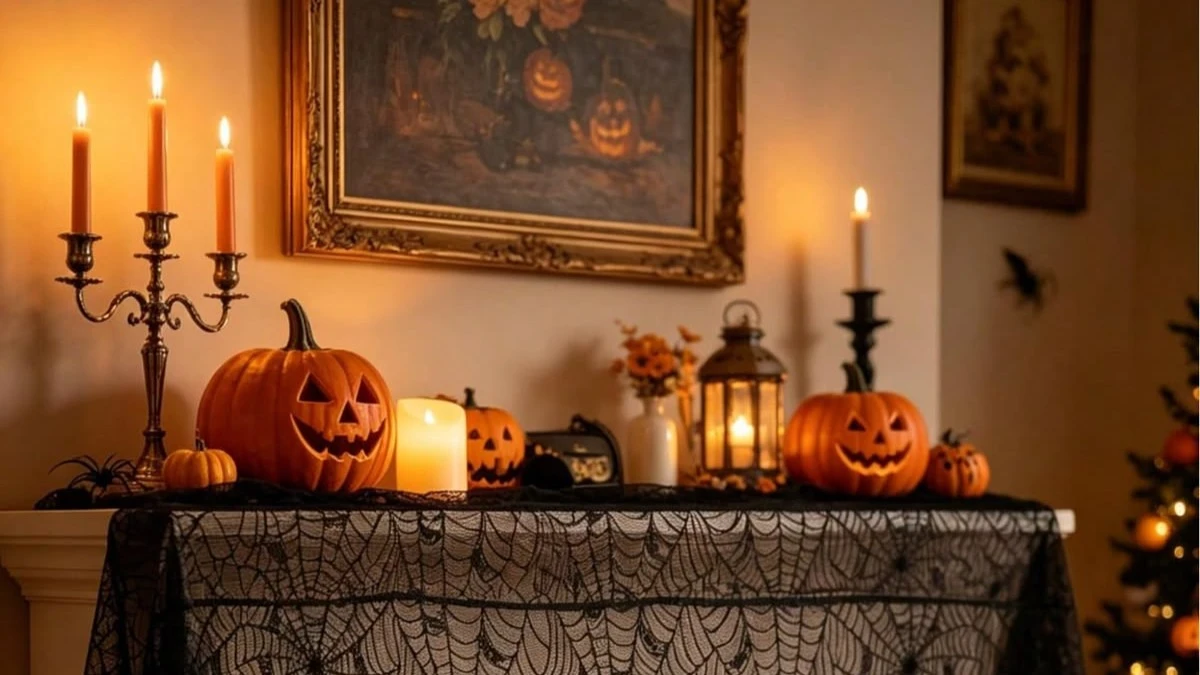 mantel with halloween art above