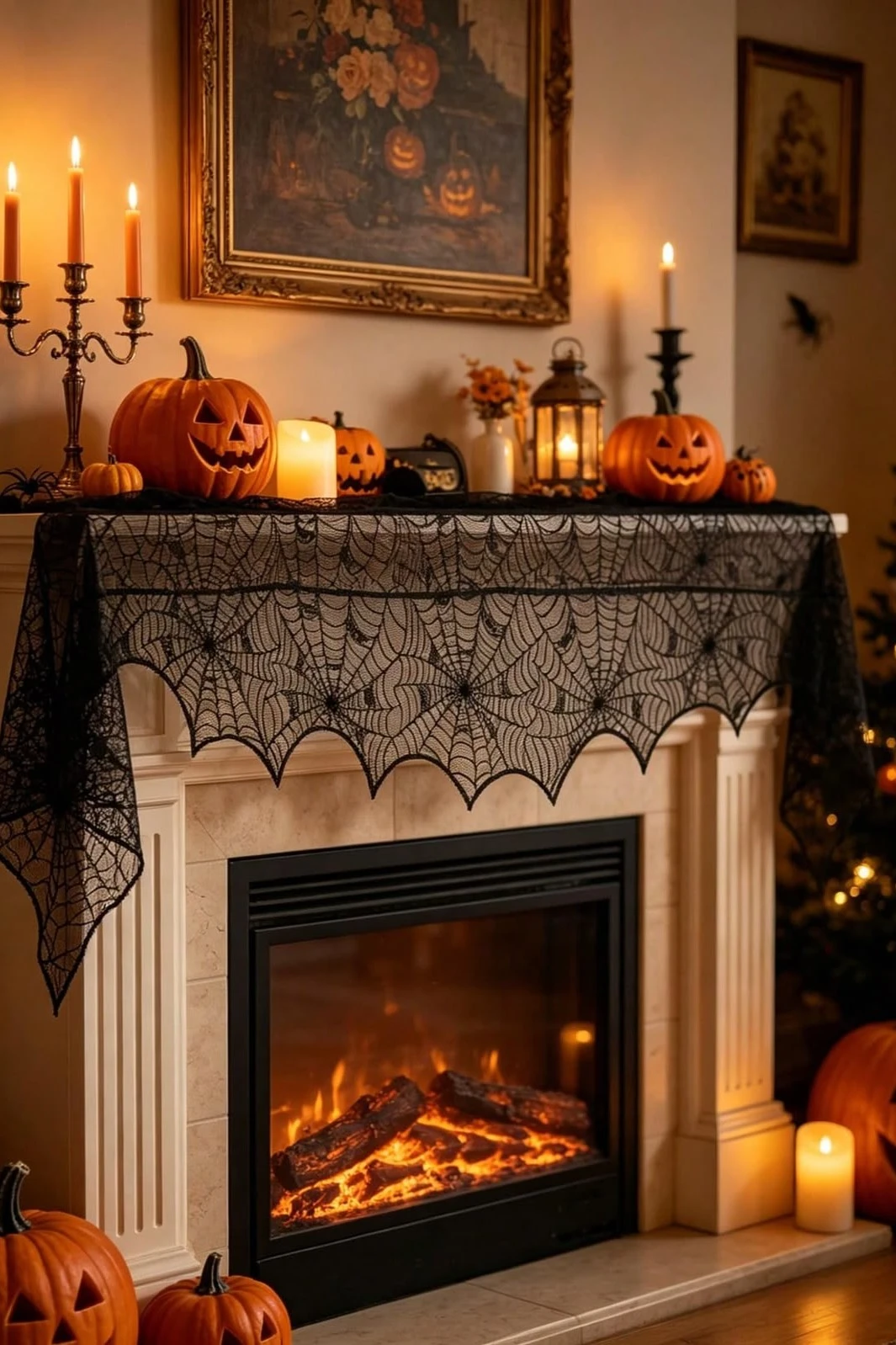 mantel with halloween art above