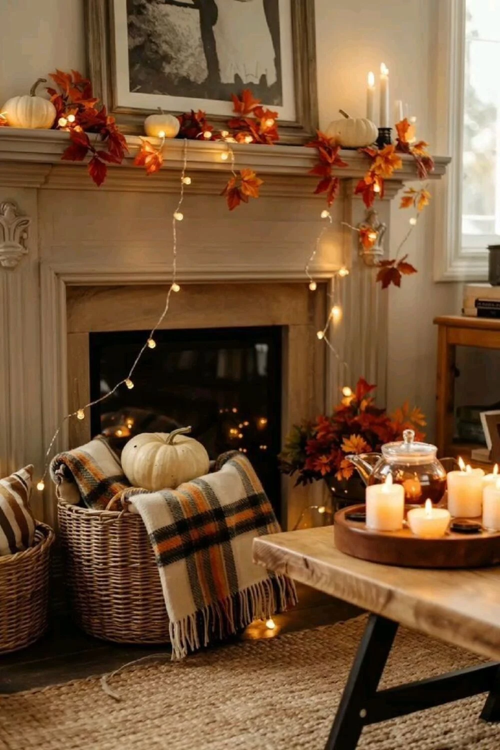 mantel with string light and candles