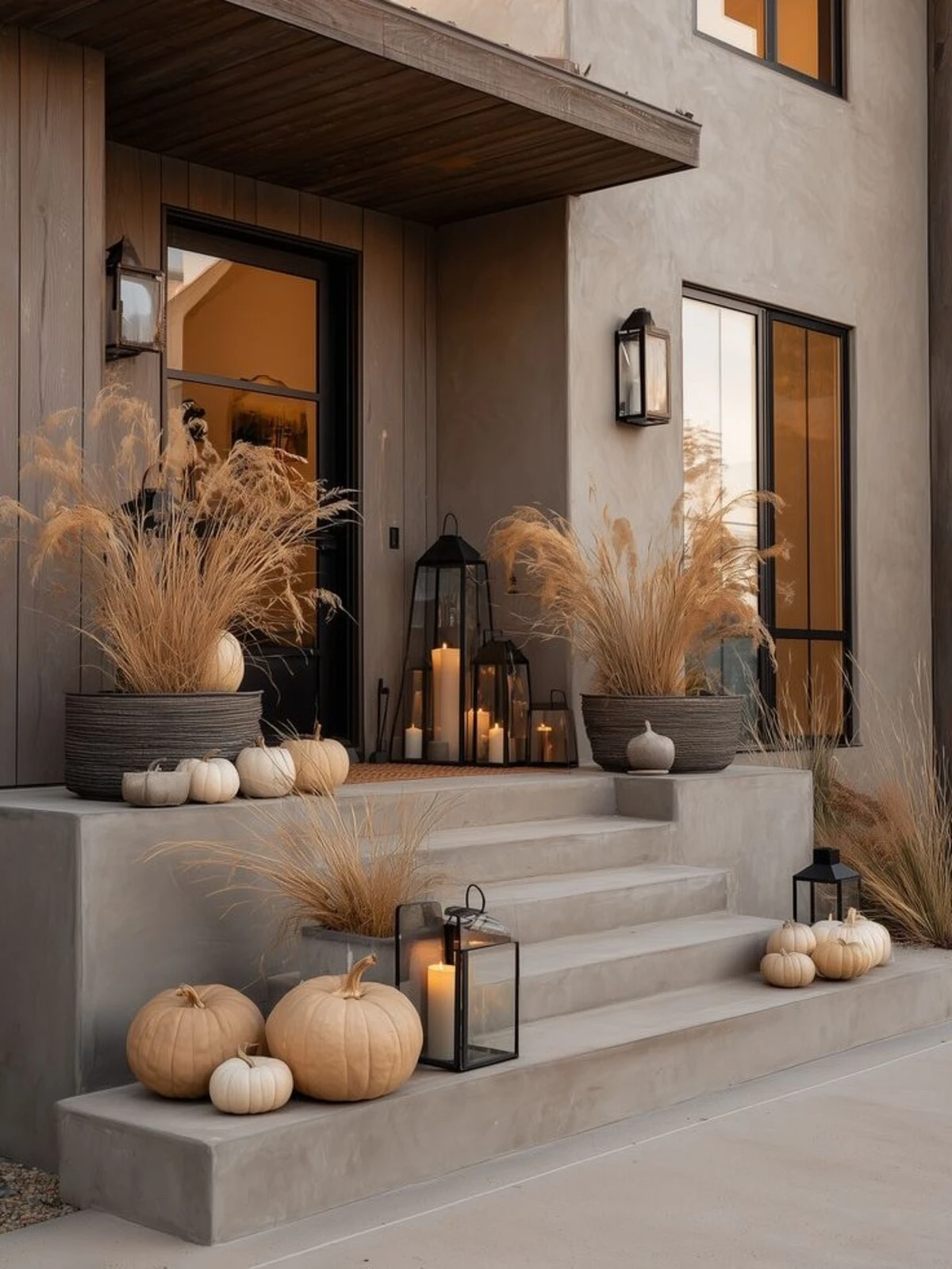 minimalist porch with neutral pumpkins