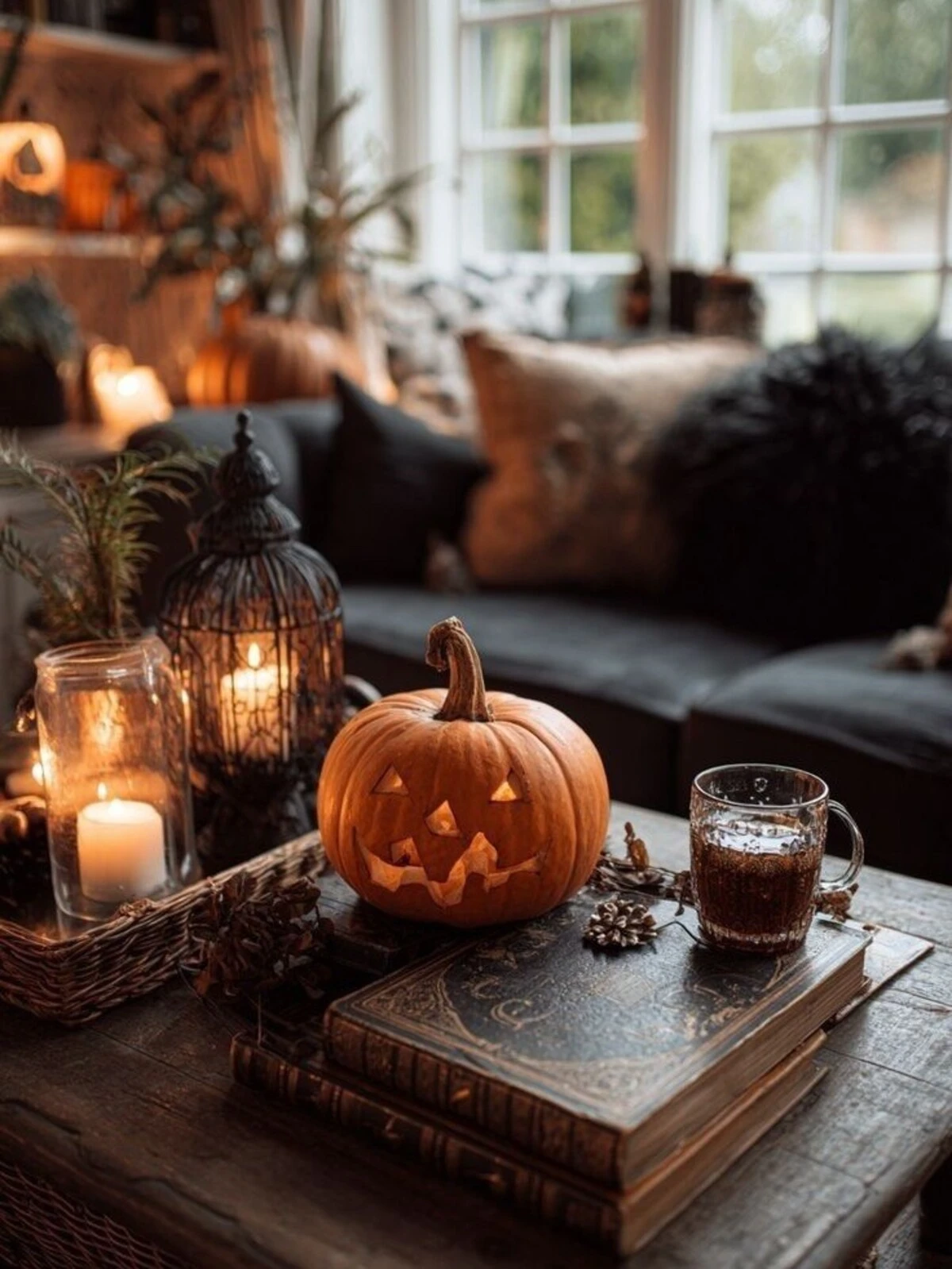 moody halloween coffee table with tray, pumpkin and candles