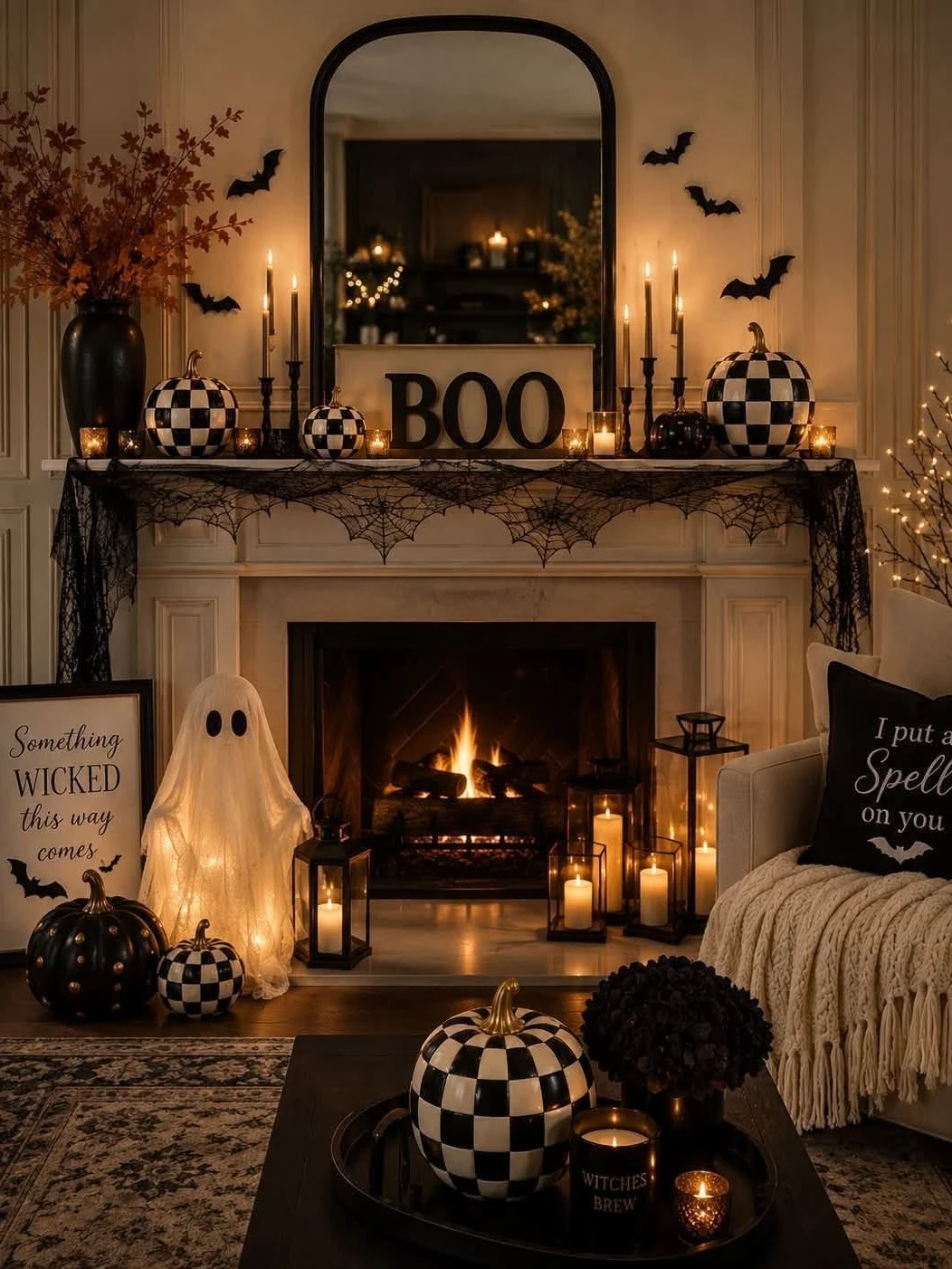a moody halloween mantel