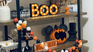 office shlef decor with sign and pumpkins