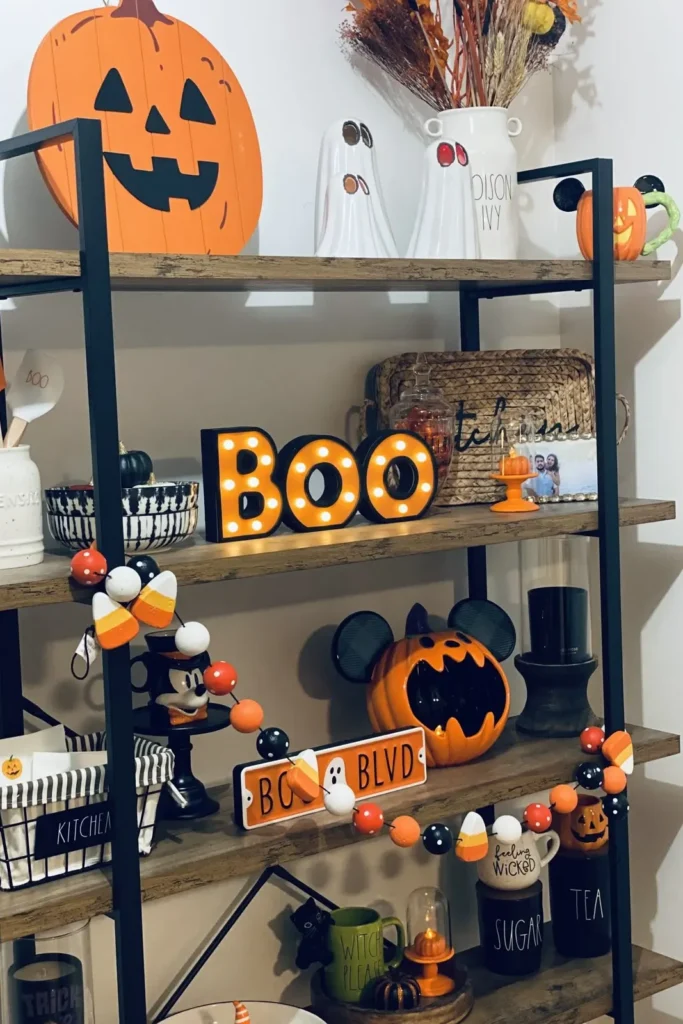 office shlef decor with sign and pumpkins