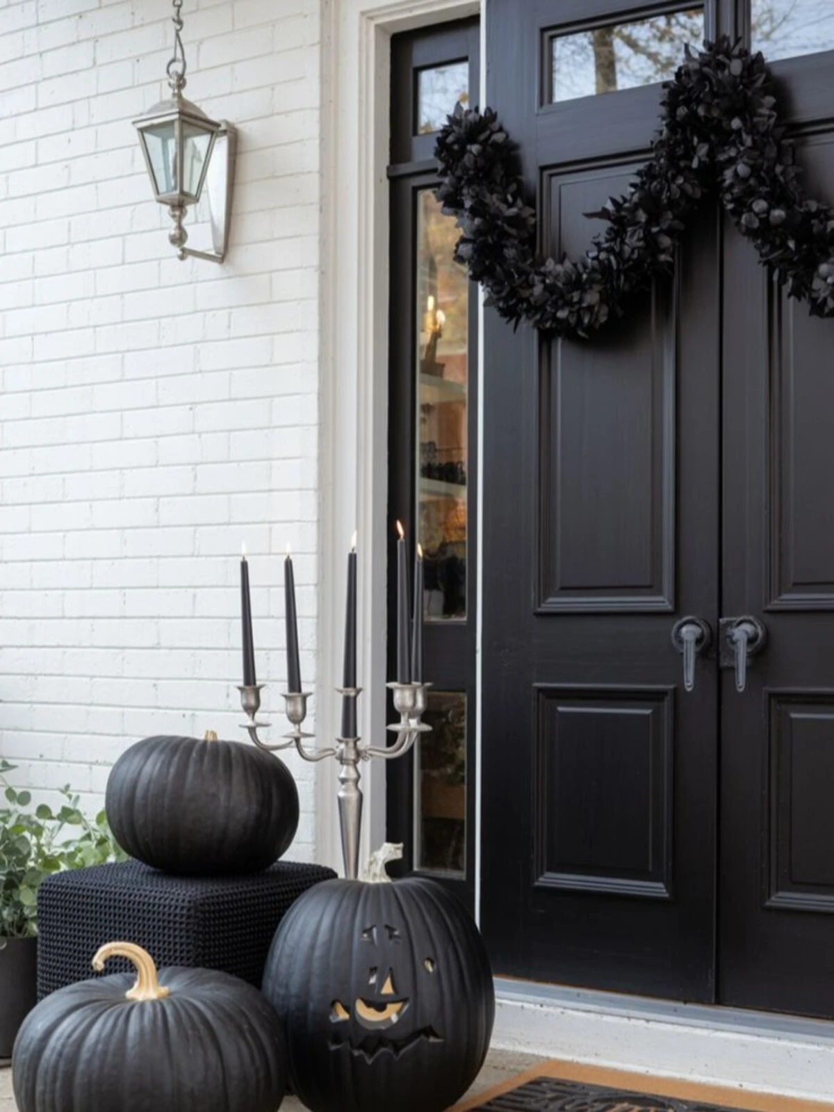 oversized black pumpkin near front door