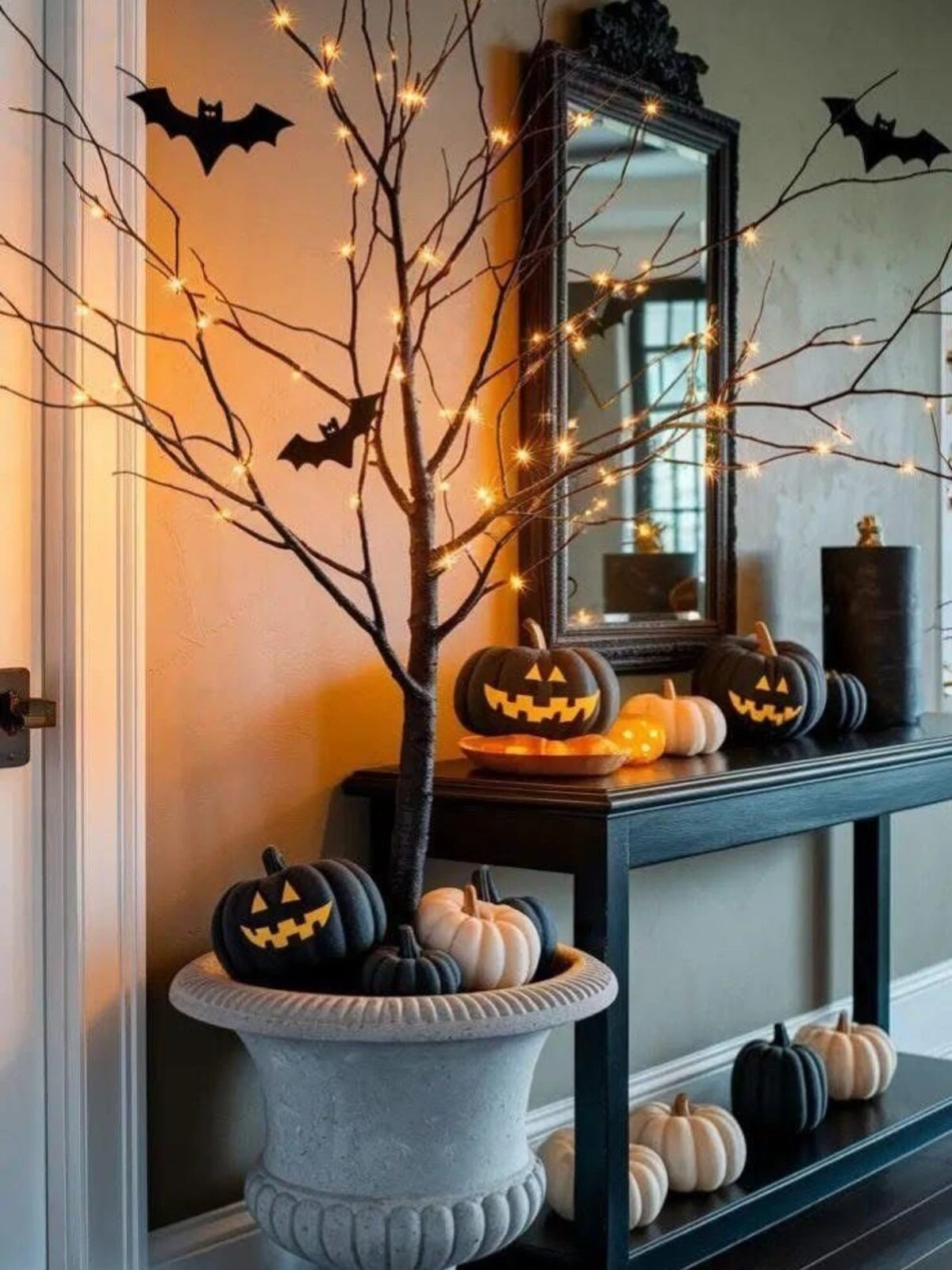 oversized vase with branches at entryway