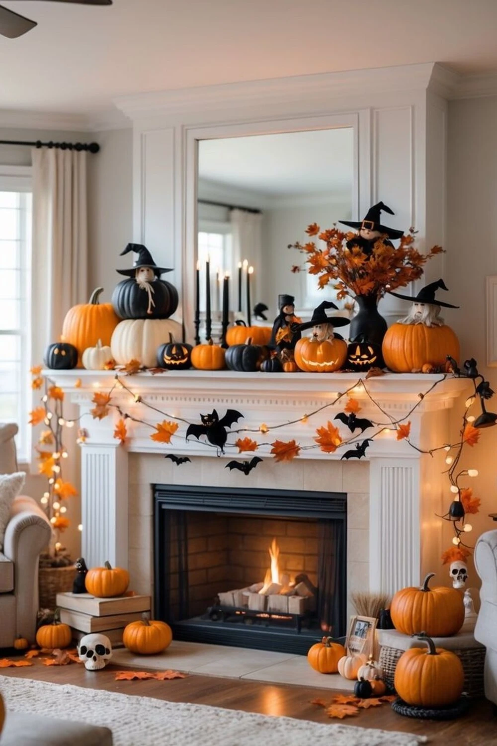 pumpkins and candles around mantal