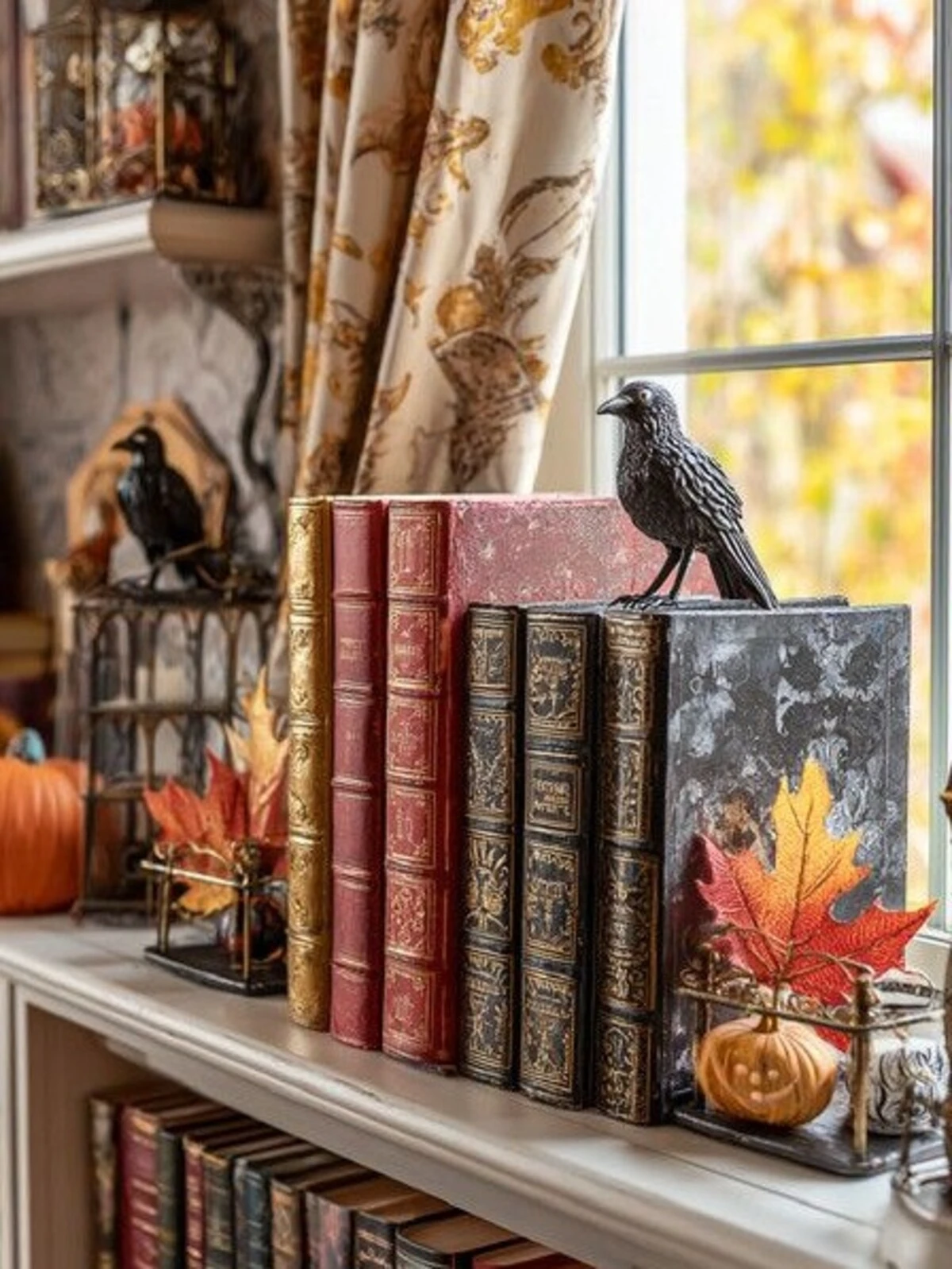a raven decor on bookshelf