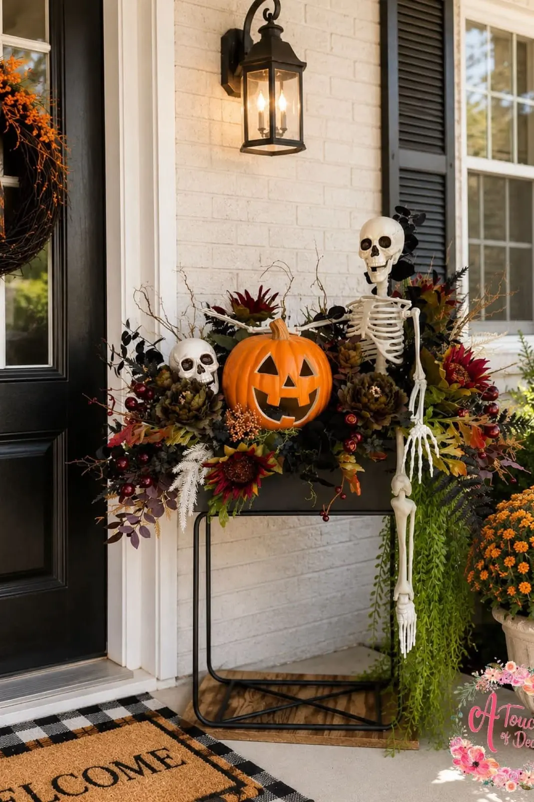 skeleton and pumpkin in a planter