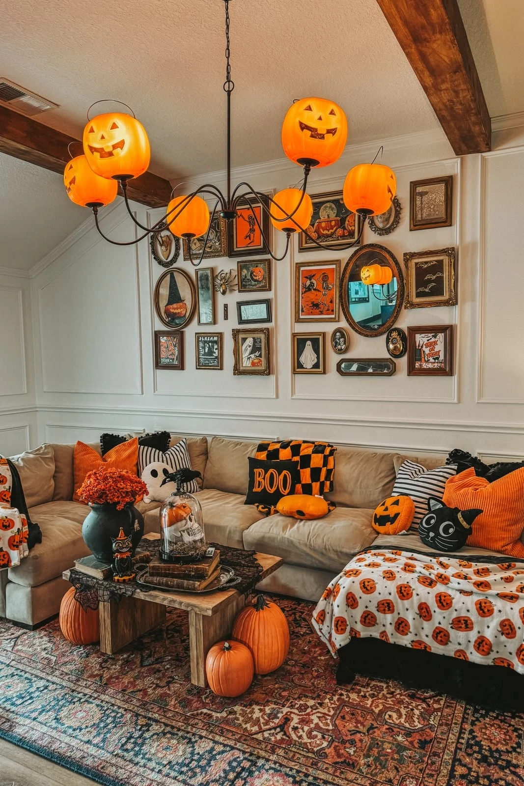 sofa with pumpkin pillow and ghost pillow