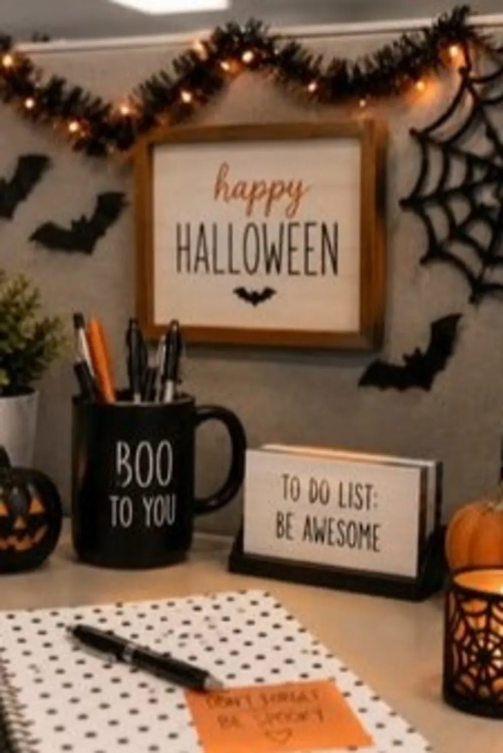 spooky desk with mug and paper bats
