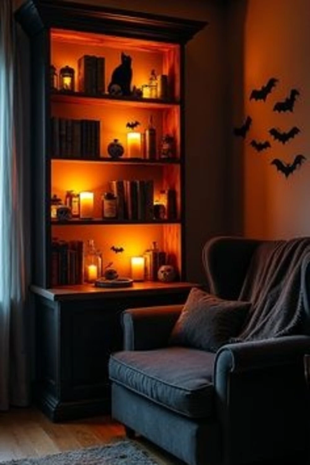 spooky reading nook with bats