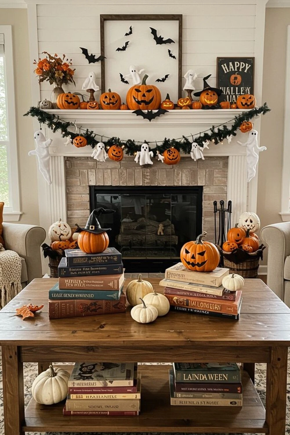 various pumpkins on coffee table and mantal