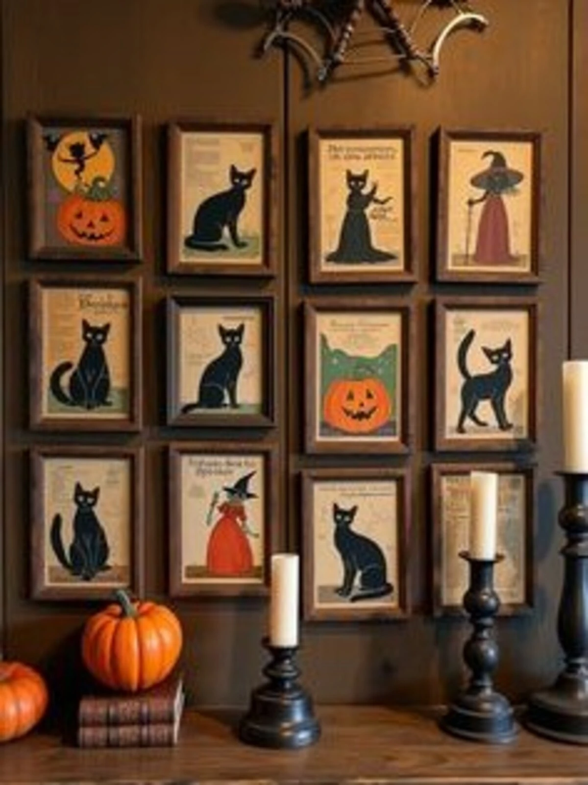 a wall with vintage frames as halloween art
