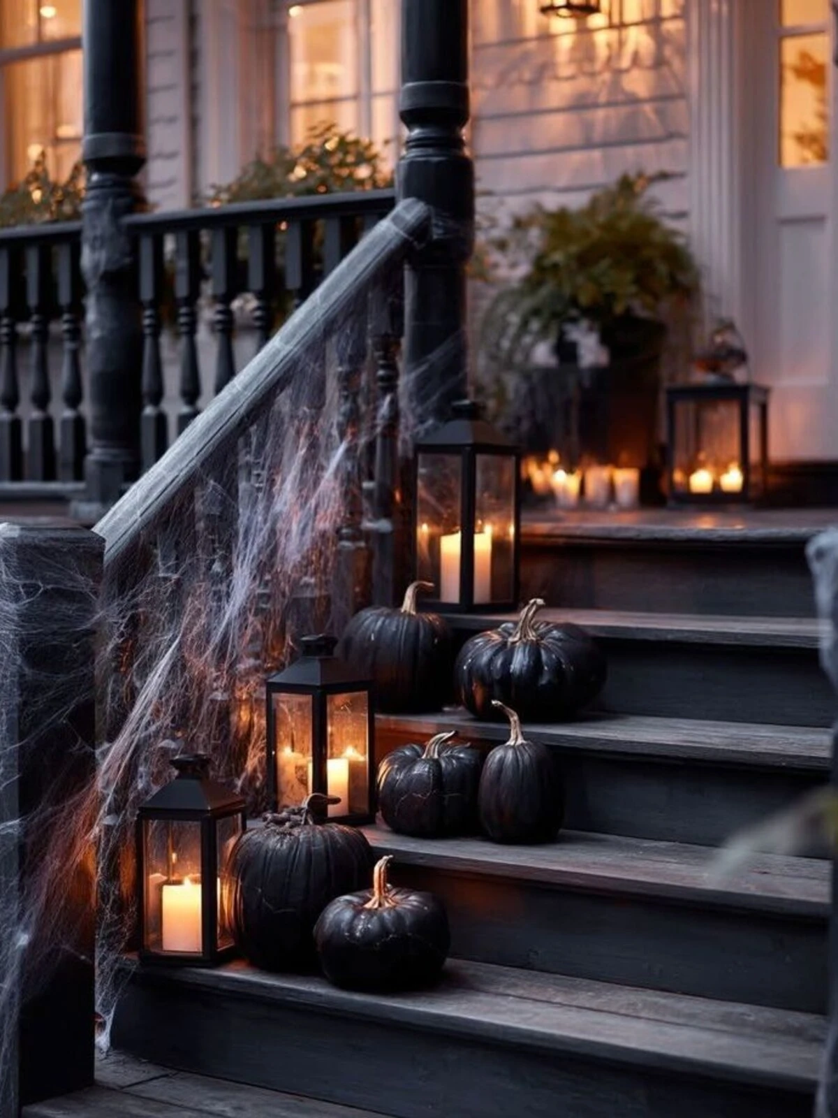 walkway stairs with black lanterns